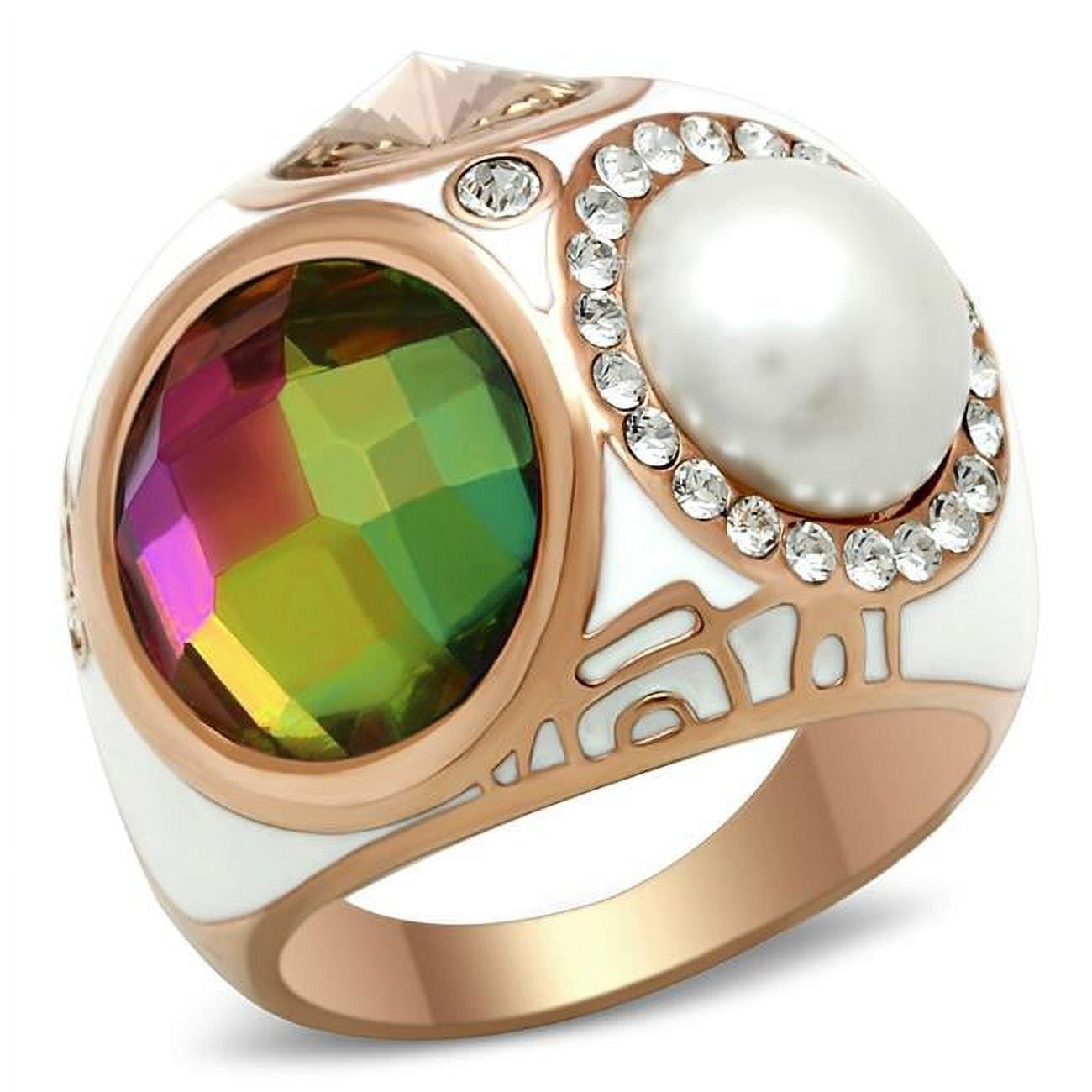 IP Rose Gold Ion Plating Brass Ring with Synthetic Glass, Multi Color - Size 5