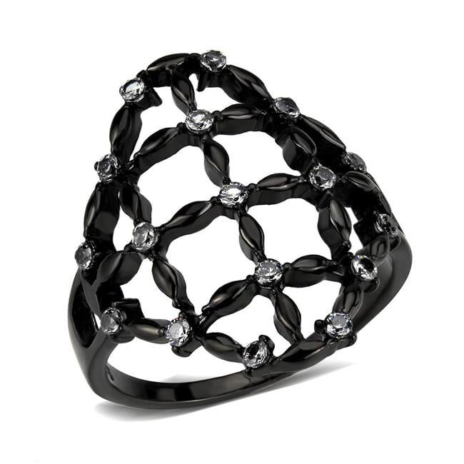 IP Black Stainless Steel Ring with AAA Grade CZ, Clear - Size 7