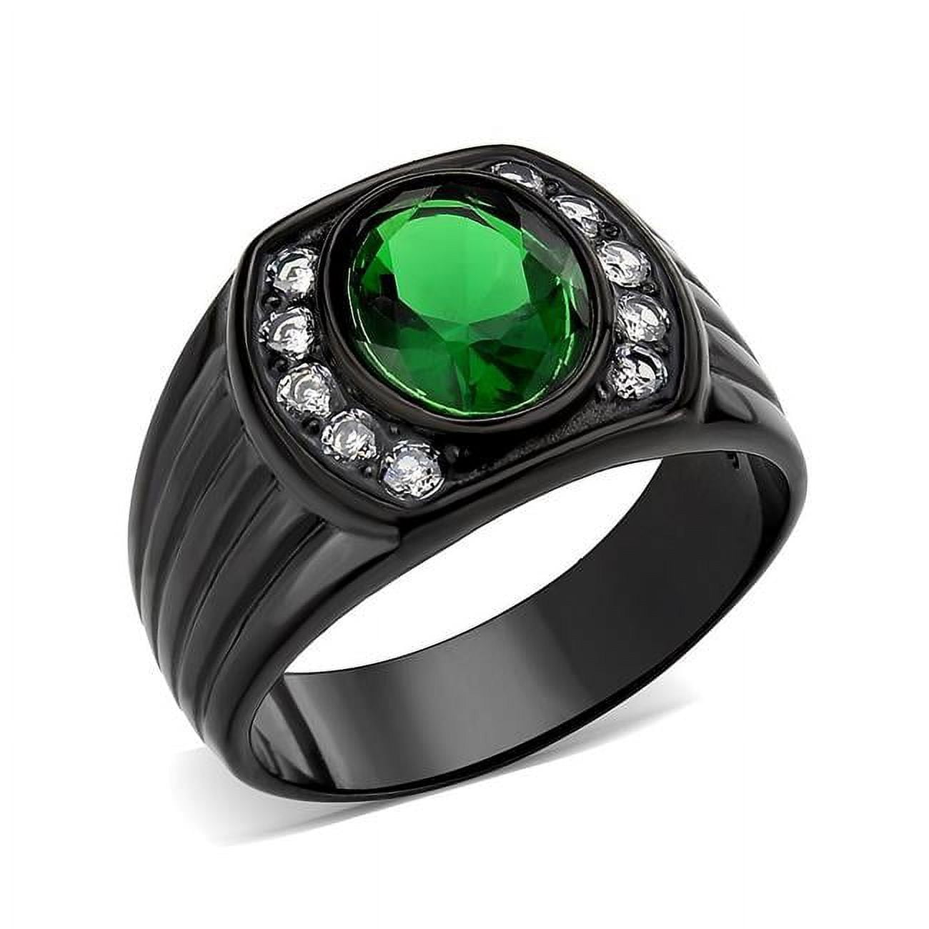 IP Black Ion Plating Stainless Steel Ring with Synthetic Stone, Emerald - Size 12
