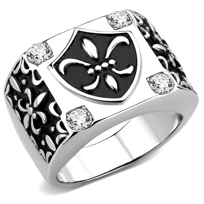 Men High Polished Stainless Steel Ring with AAA Grade CZ in Clear - Size 11
