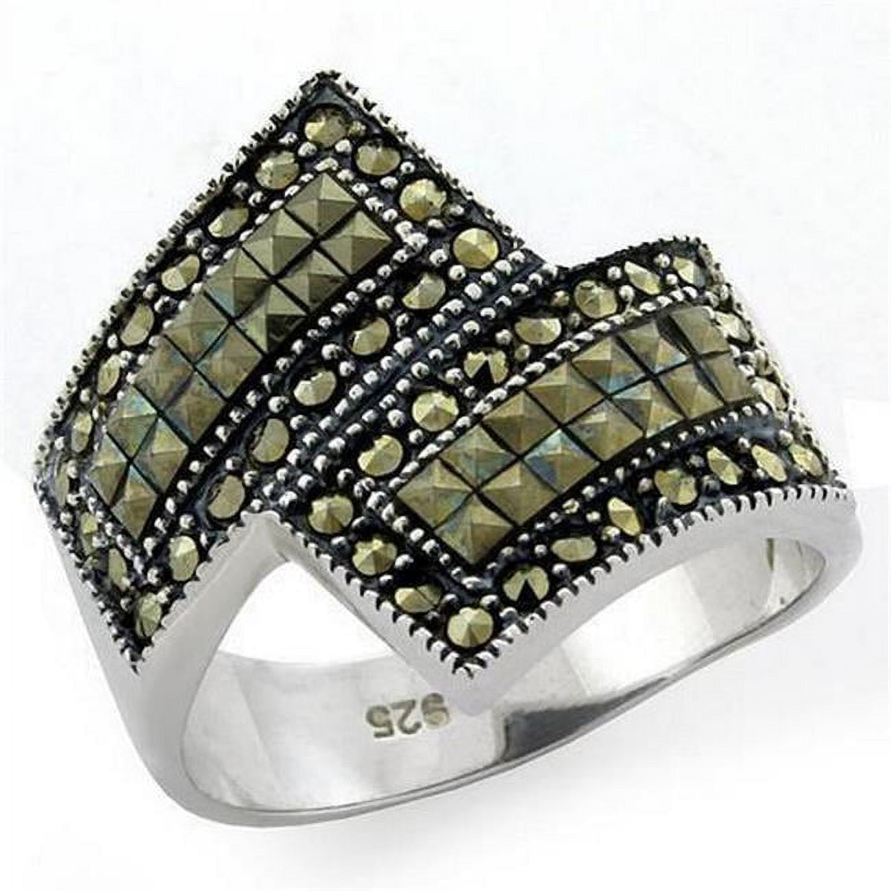 Picture of Alamode LOAS1100-8 Antique Tone 925 Sterling Silver Ring with Semi-Precious Marcasite&#44; Jet - Size 8