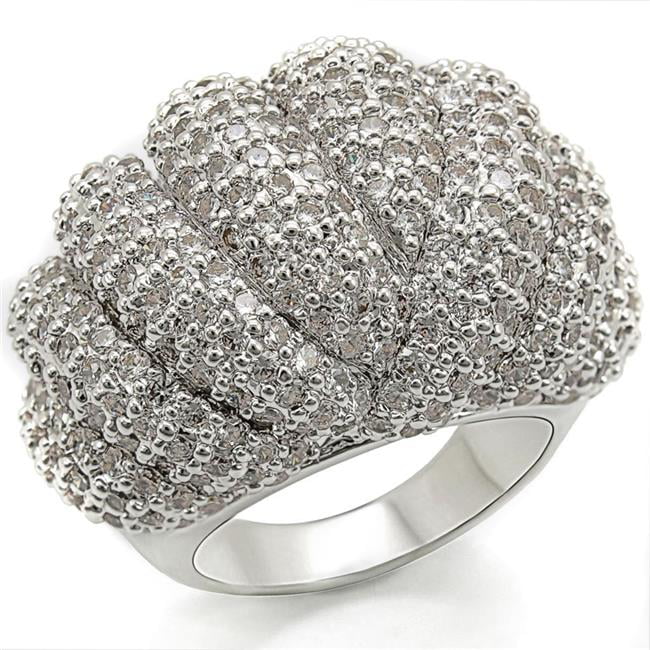 Rhodium Brass Ring with AAA Grade CZ, Clear - Size 9