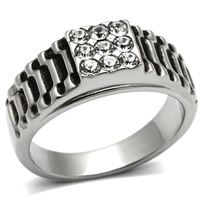 TK368-9 Men High Polished Stainless Steel Ring with Top Grade Crystal in Clear - Size 9