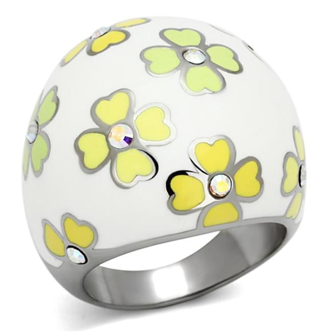 High Polished No Plating Stainless Steel Ring with Top Grade Crystal, Rainbow Effect Aurora Borealis - Size 8