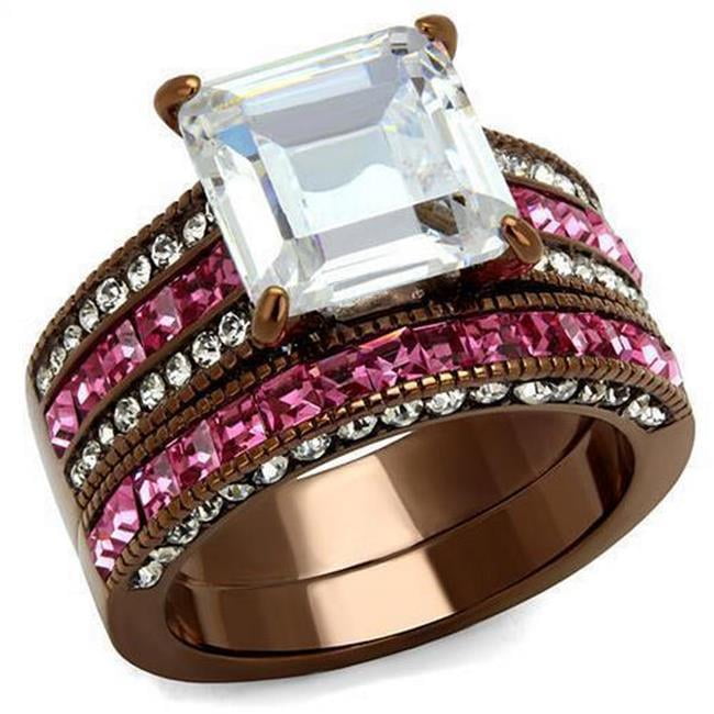 IP Coffee Light Stainless Steel Ring with AAA Grade CZ, Clear - Size 7