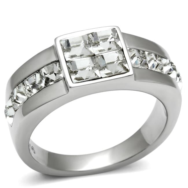 TK487-13 Men High Polished Stainless Steel Ring with Top Grade Crystal in Clear - Size 13