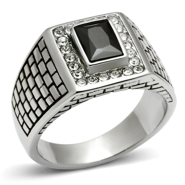 TK494-10 Men High Polished Stainless Steel Ring with AAA Grade CZ in Jet - Size 10