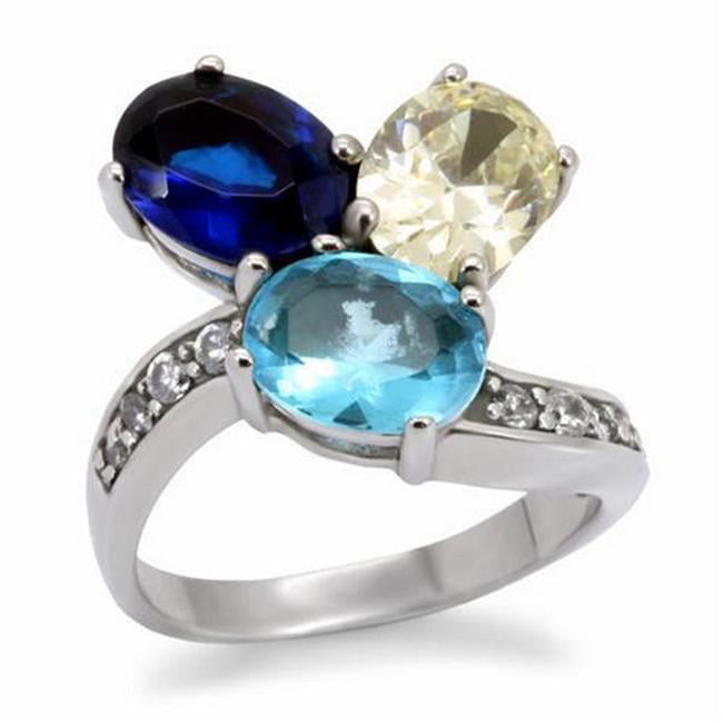TK094-5 High Polished No Plating Stainless Steel Ring with Synthetic Glass, Multi Color - Size 5