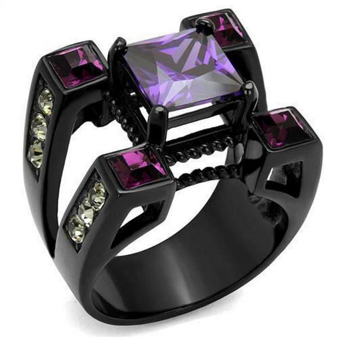 IP Black Ion Plating Stainless Steel Ring with AAA Grade CZ, Amethyst - Size 11