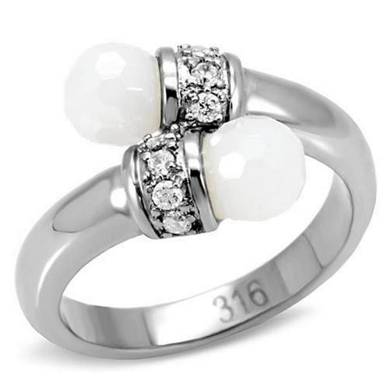 High Polished No Plating Stainless Steel Ring with Milky CZ, White - Size 9