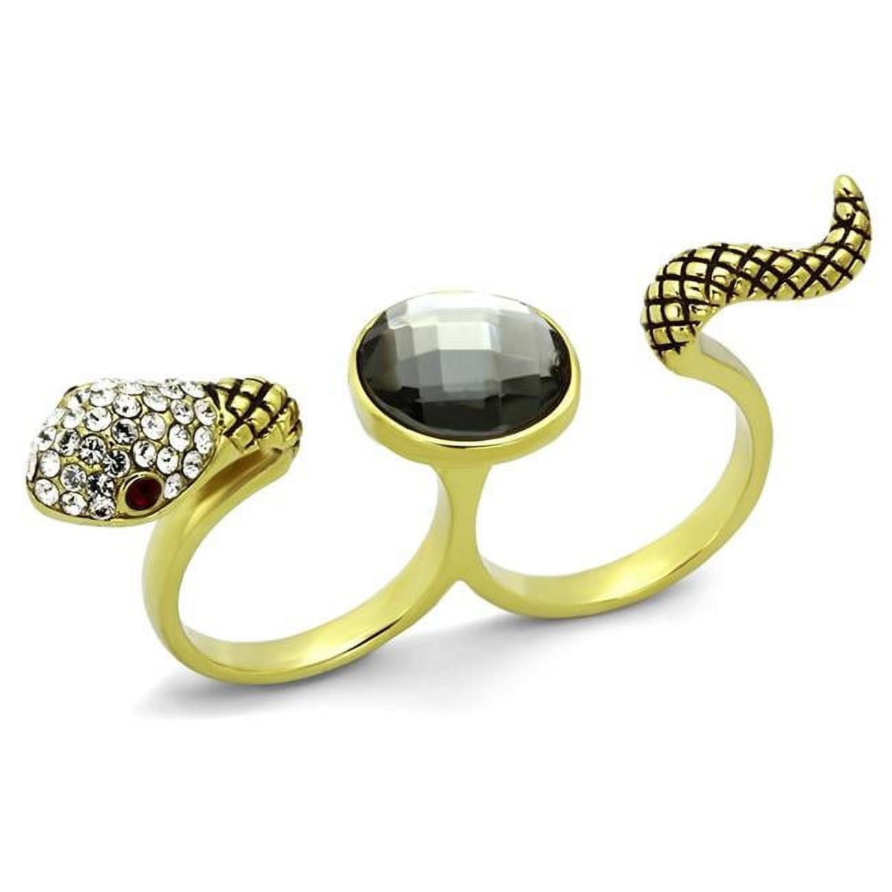 TK1036-7 IP Gold Ion Plating Stainless Steel Ring with Synthetic Glass Bead, Black Diamond - Size 7