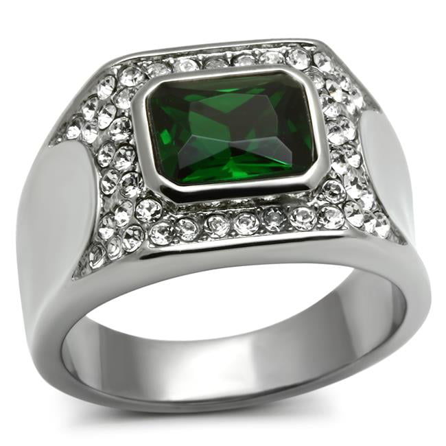TK590-11 Men High Polished Stainless Steel Ring with Synthetic in Emerald - Size 11
