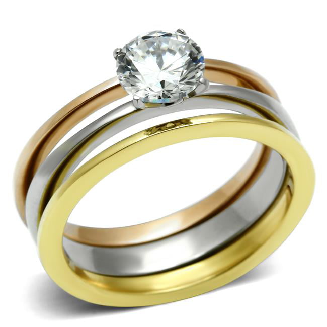 TK620-8 Women Three-Tone IP Stainless Steel Ring with AAA Grade CZ in Clear - Size 8
