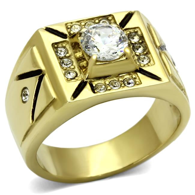 Men IP Gold Stainless Steel Ring with AAA Grade CZ in Clear - Size 8