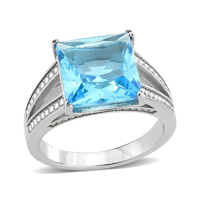 High Polished No Plating Stainless Steel Ring with Synthetic, SeaBlue - Size 8