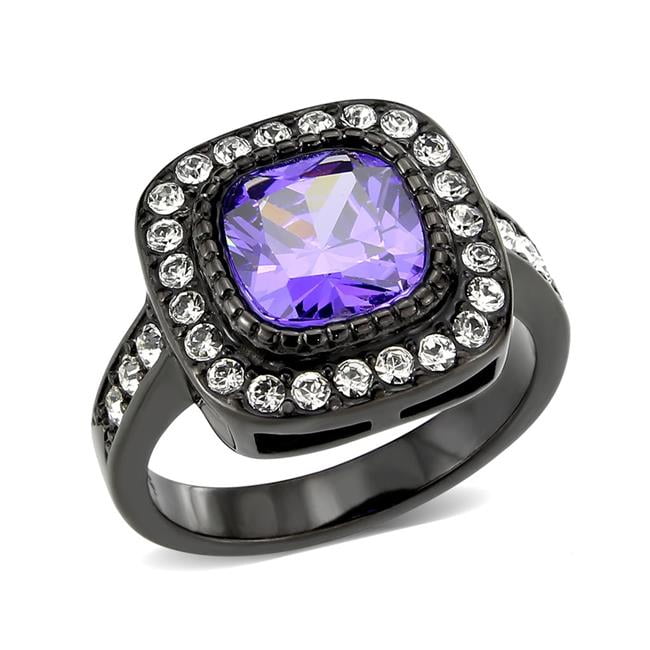 IP Black Ion Plating Stainless Steel Ring with AAA Grade CZ, Amethyst - Size 6