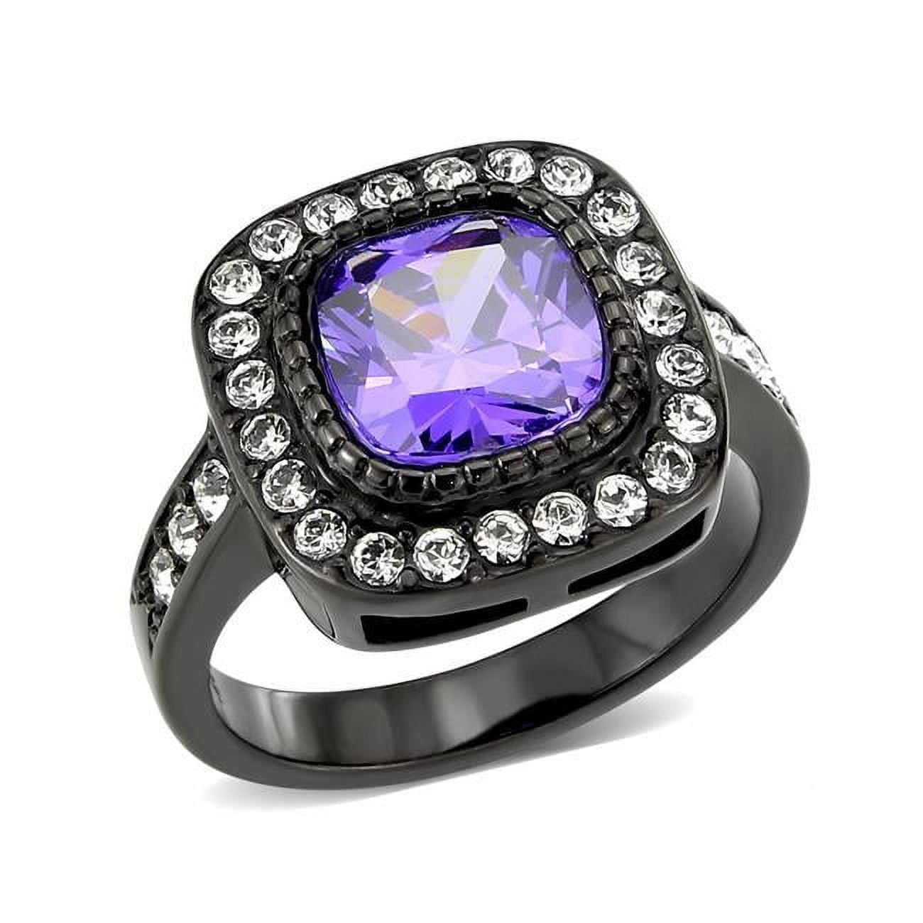 IP Black Ion Plating Stainless Steel Ring with AAA Grade CZ, Amethyst - Size 7
