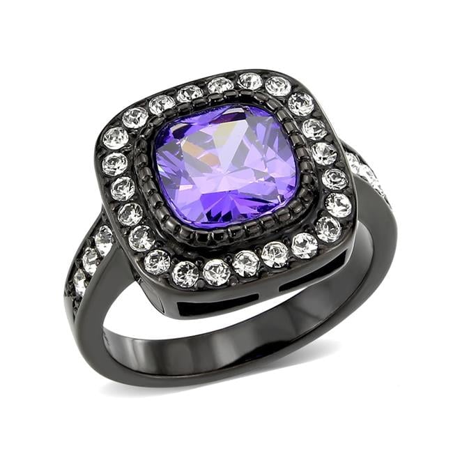 IP Black Ion Plating Stainless Steel Ring with AAA Grade CZ, Amethyst - Size 9
