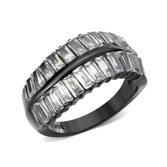 IP Black Ion Plating Stainless Steel Ring with AAA Grade CZ, Clear - Size 7