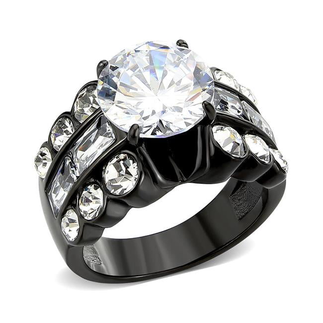 IP Black Ion Plating Stainless Steel Ring with AAA Grade CZ, Clear - Size 8