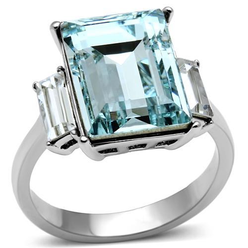 TK650-5 High Polished No Plating Stainless Steel Ring with Top Grade Crystal, Sea Blue - Size 5