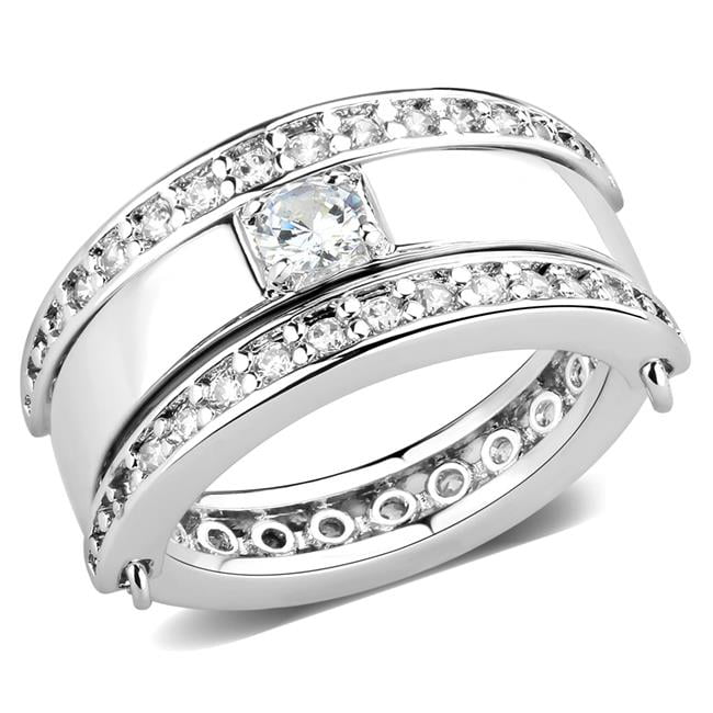 Women Rhodium Brass Ring with AAA Grade CZ in Clear - Size 6