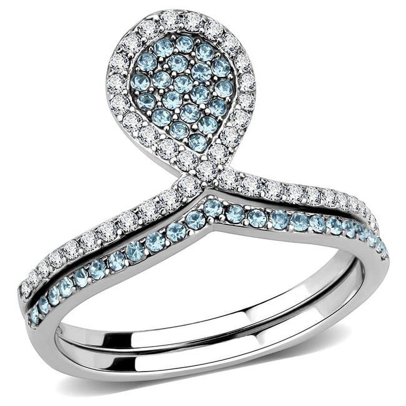 Women High Polished Stainless Steel Ring with AAA Grade CZ in Sea Blue - Size 8