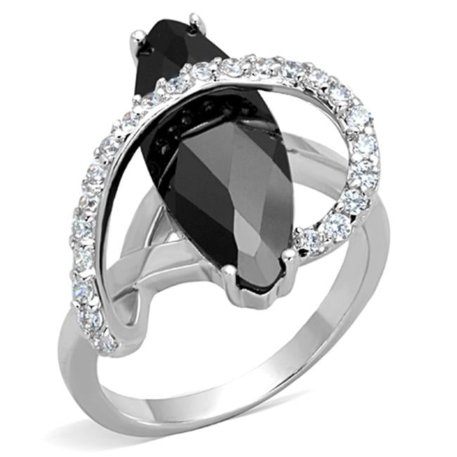 Women Rhodium Brass Ring with AAA Grade CZ in Jet - Size 6
