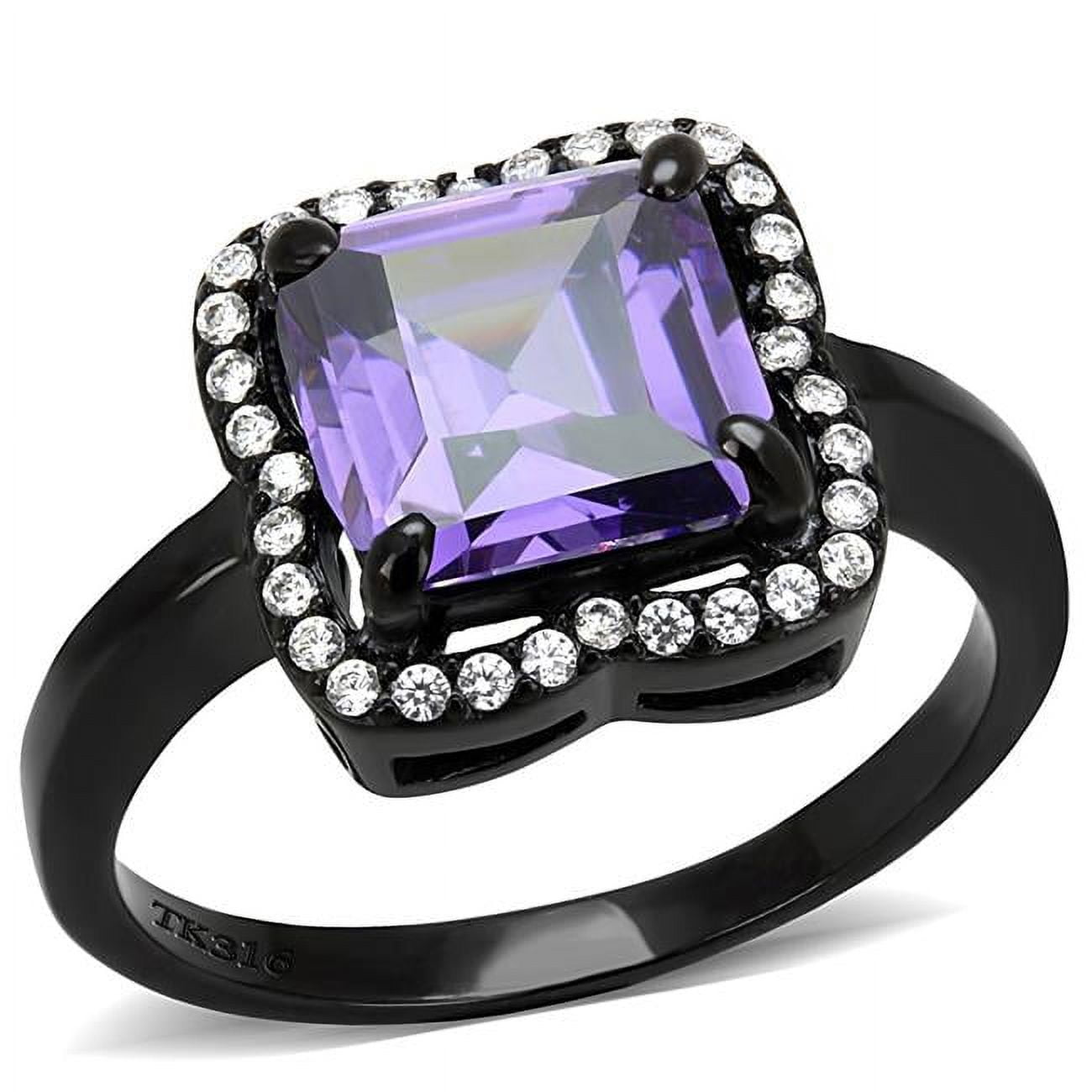 Women IP Black Stainless Steel Ring with AAA Grade CZ in Amethyst - Size 5