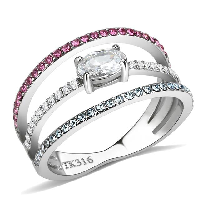 Women High Polished Stainless Steel Ring with AAA Grade CZ in Multi Color - Size 9