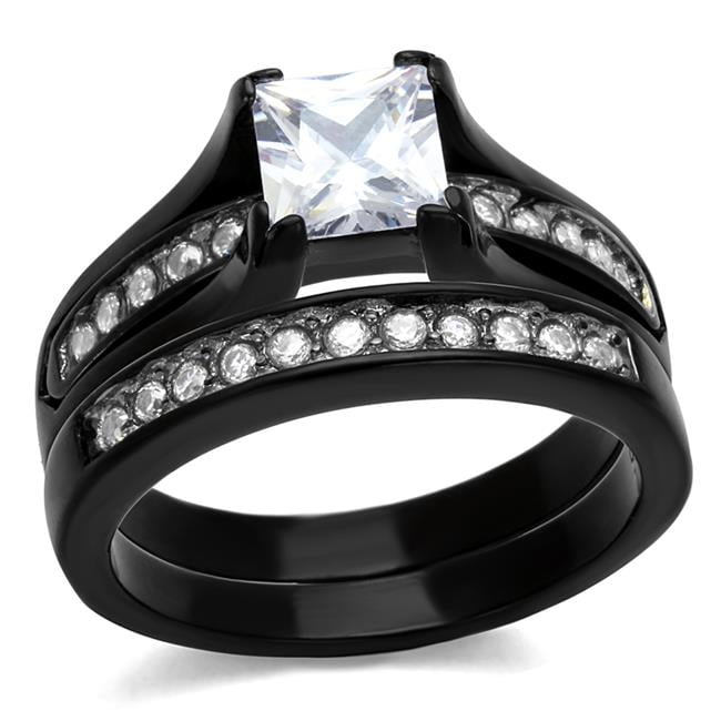 Women Two-Tone IP Black Stainless Steel Ring with AAA Grade CZ in Clear - Size 9