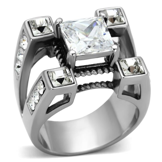 Men High Polished Stainless Steel Ring with AAA Grade CZ in Clear - Size 11