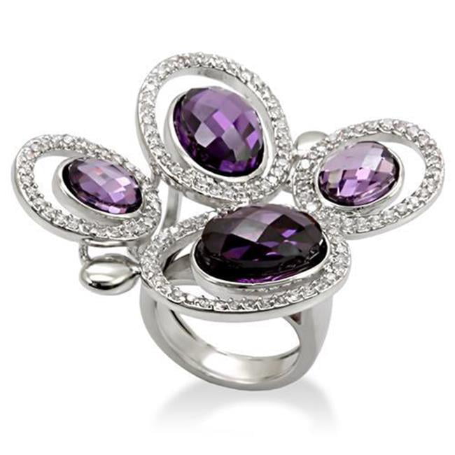 Women Rhodium Brass Ring with AAA Grade CZ in Amethyst - Size 7