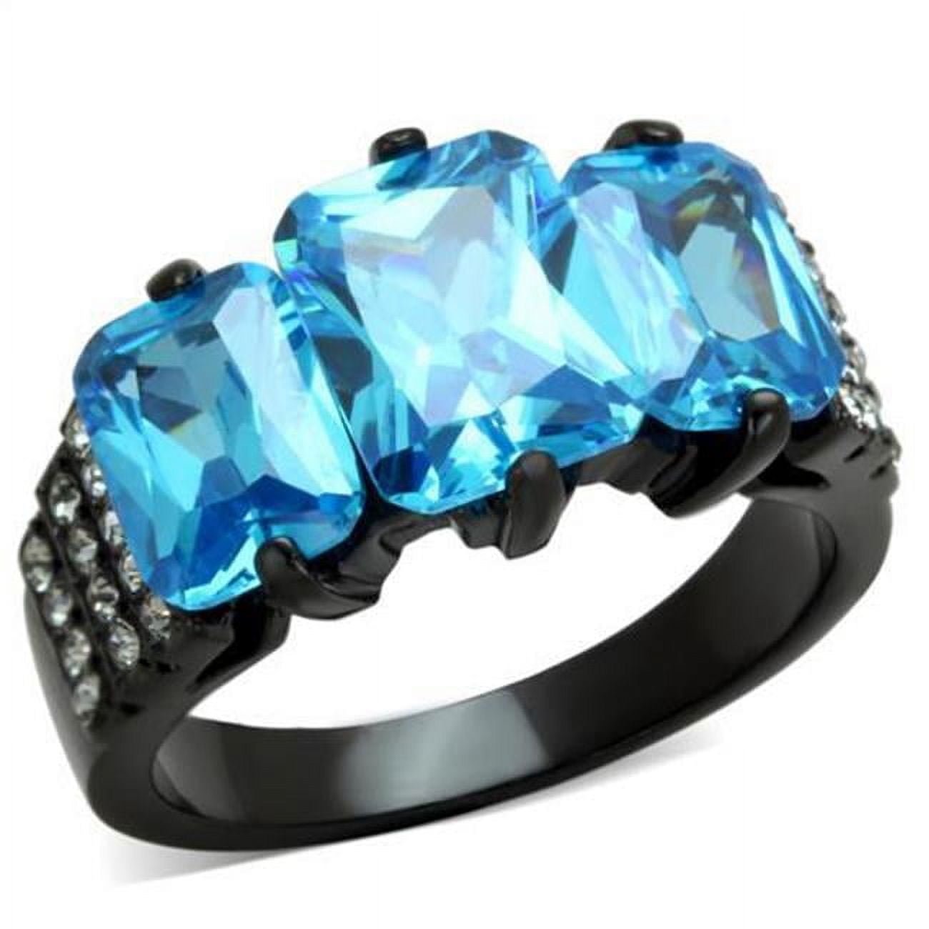Women IP Black Stainless Steel Ring with AAA Grade CZ in Sea Blue - Size 6