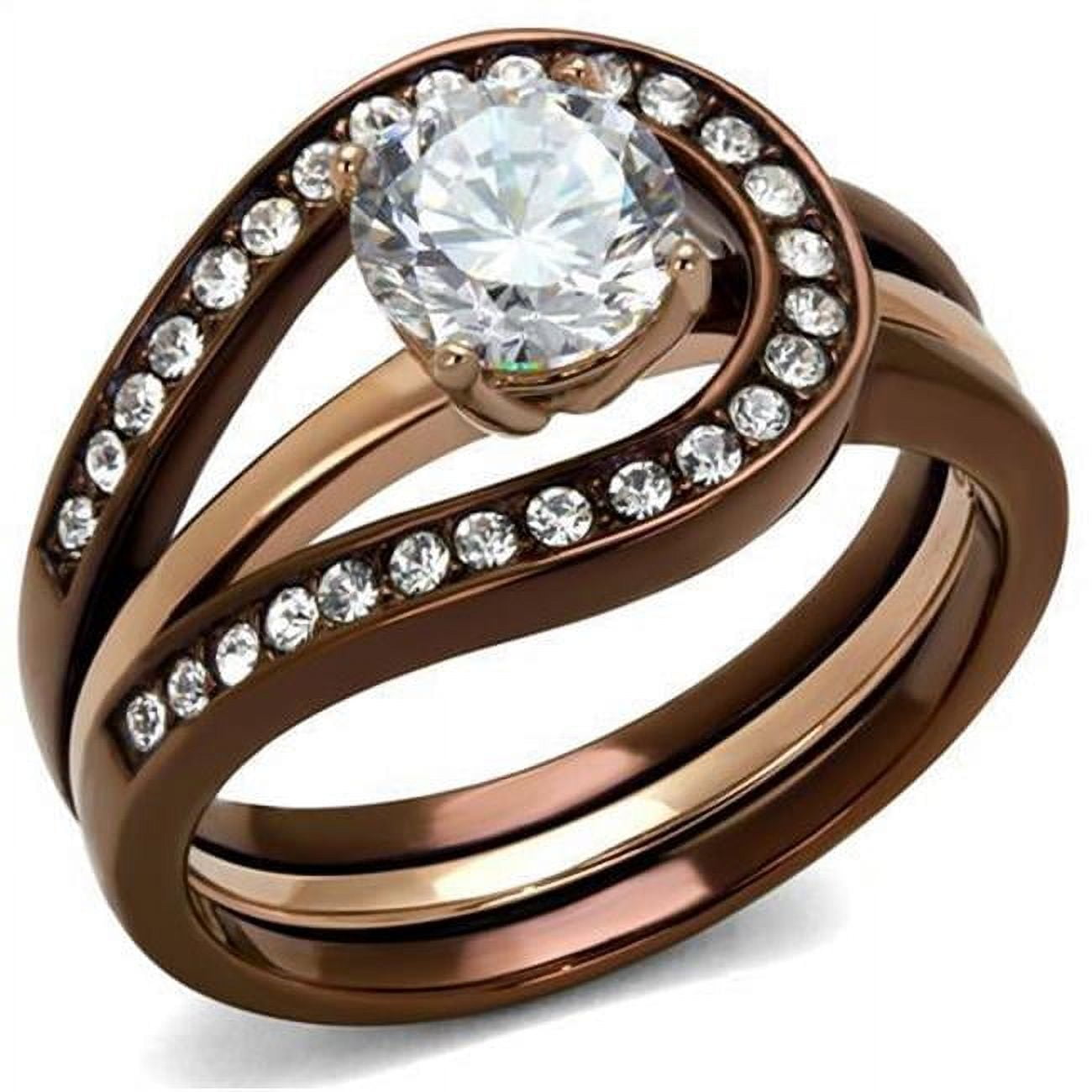 Women IP Rose Gold & IP Light Coffee Stainless Steel Ring with AAA Grade CZ in Clear - Size 10