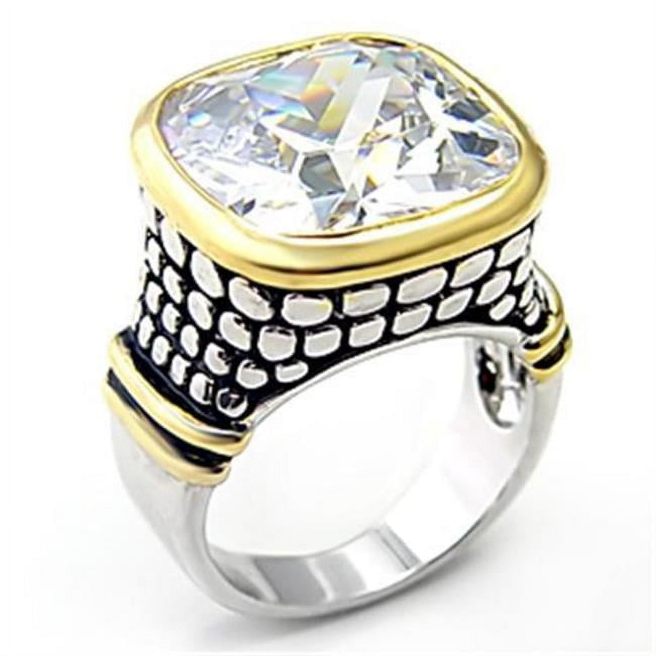 Women Reverse Two-Tone Brass Ring with AAA Grade CZ in Clear - Size 5