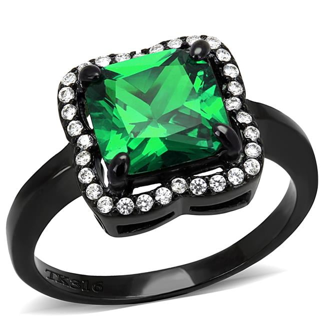 Women IP Black Stainless Steel Ring with AAA Grade CZ in Emerald - Size 7