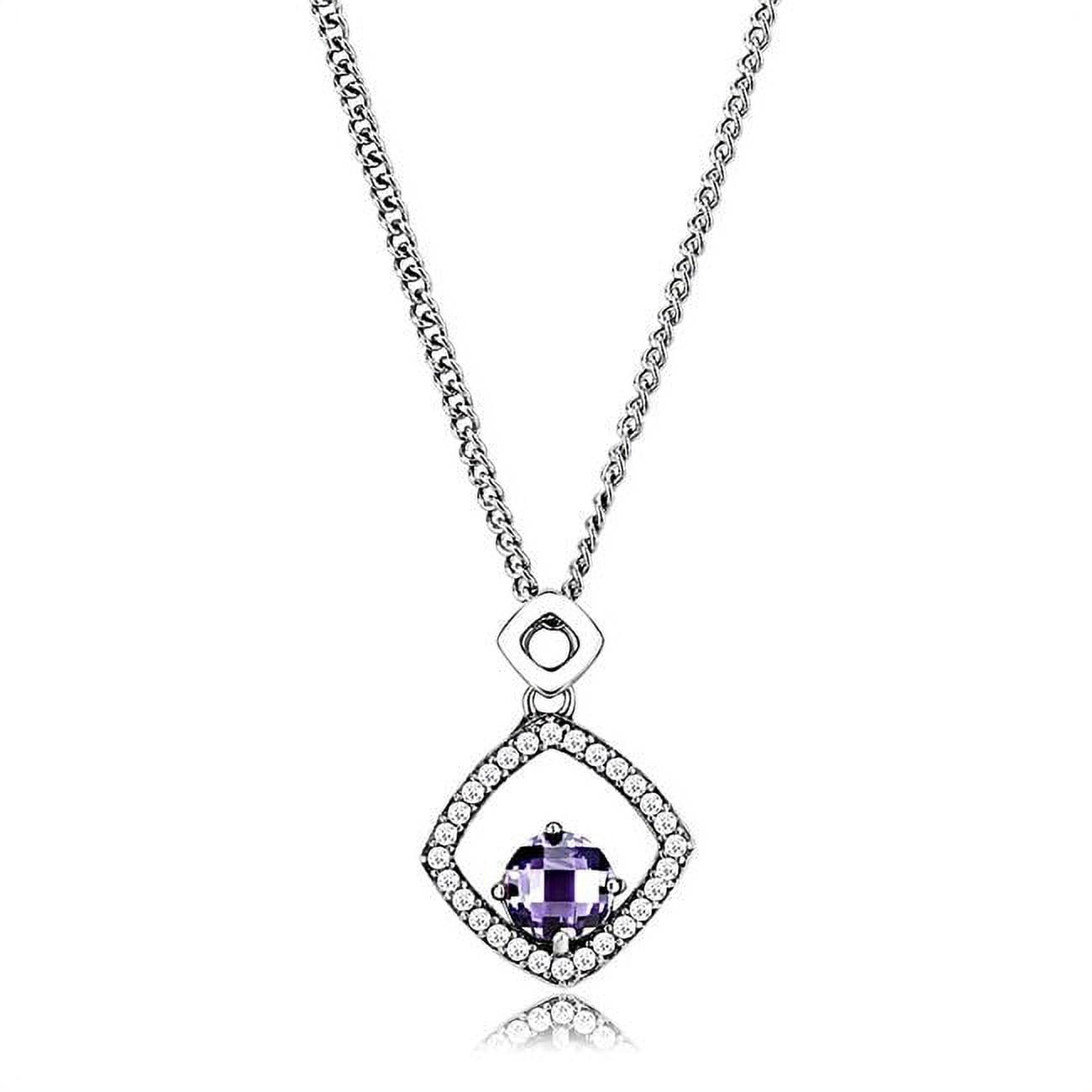 Picture of Alamode DA229-16 Women High Polished Stainless Steel Chain Pendant with AAA Grade CZ in Amethyst - 16 in.