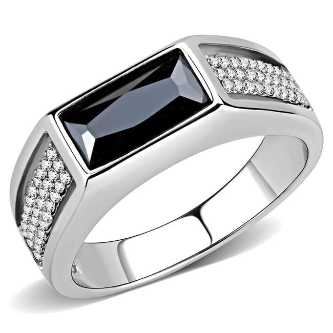 Men High Polished Stainless Steel Ring with AAA Grade CZ in Black Diamond - Size 11
