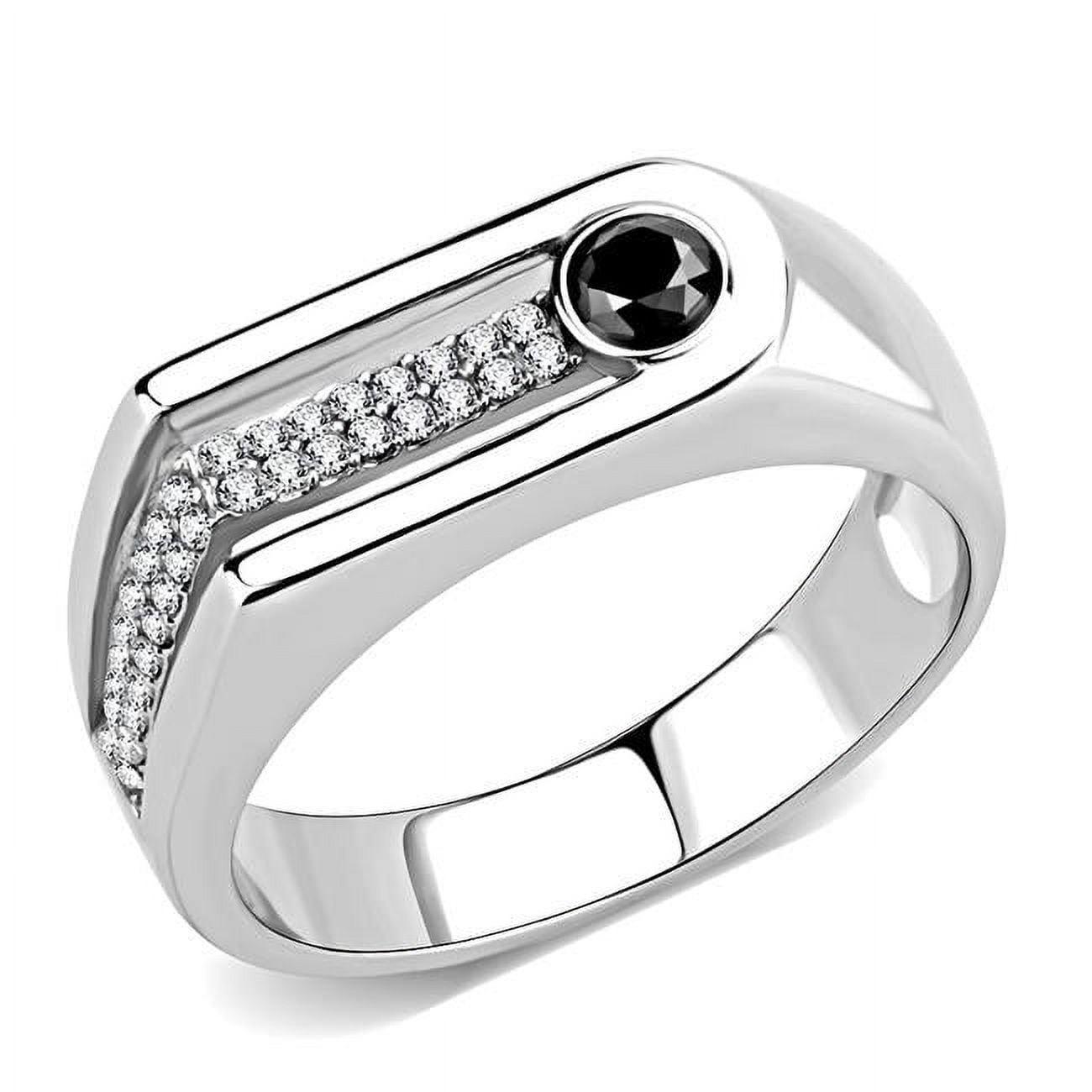 Men High Polished Stainless Steel Ring with AAA Grade CZ in Black Diamond - Size 9