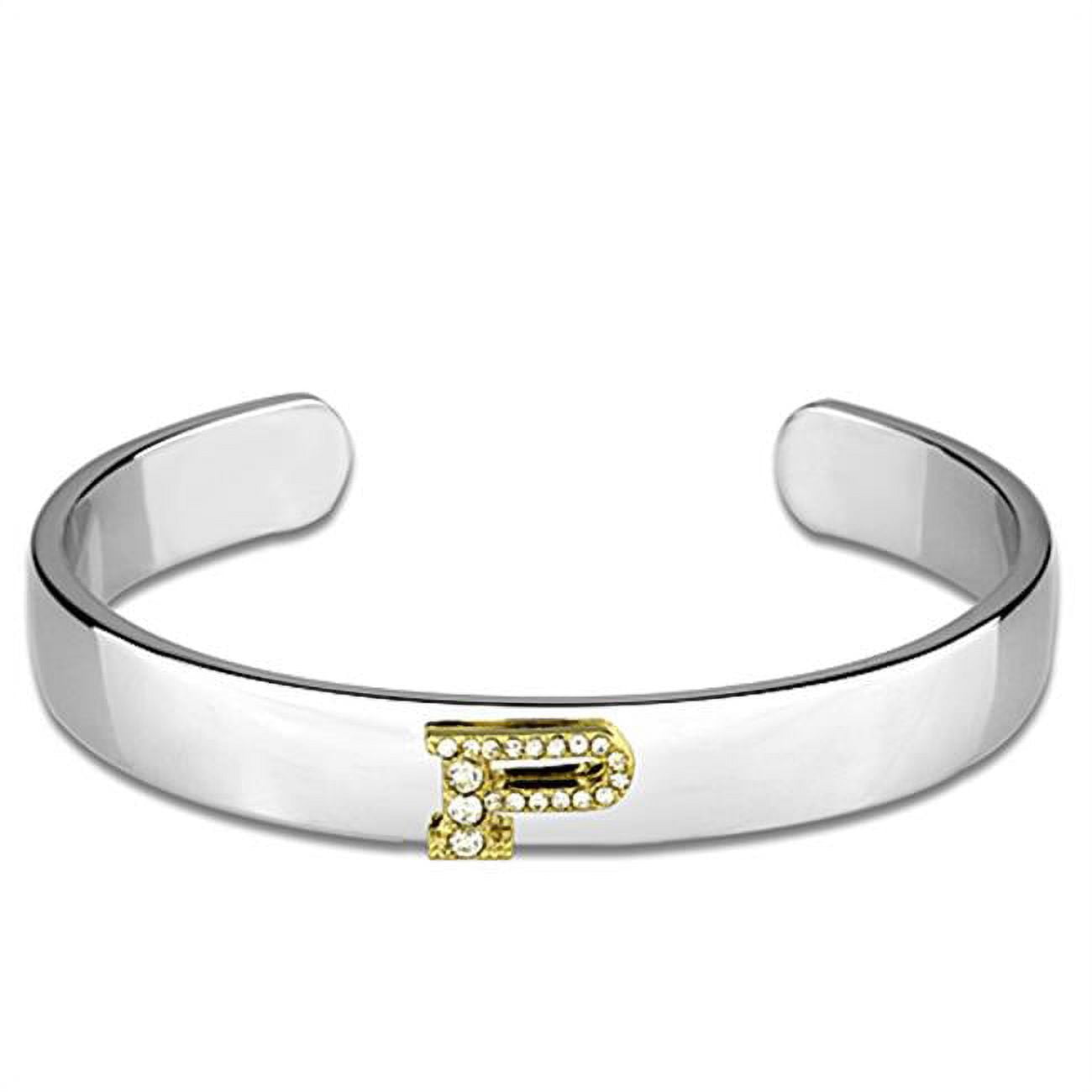 Women Reverse Two-Tone White Metal Bangle with Top Grade Crystal in Clear - 6.75 in.