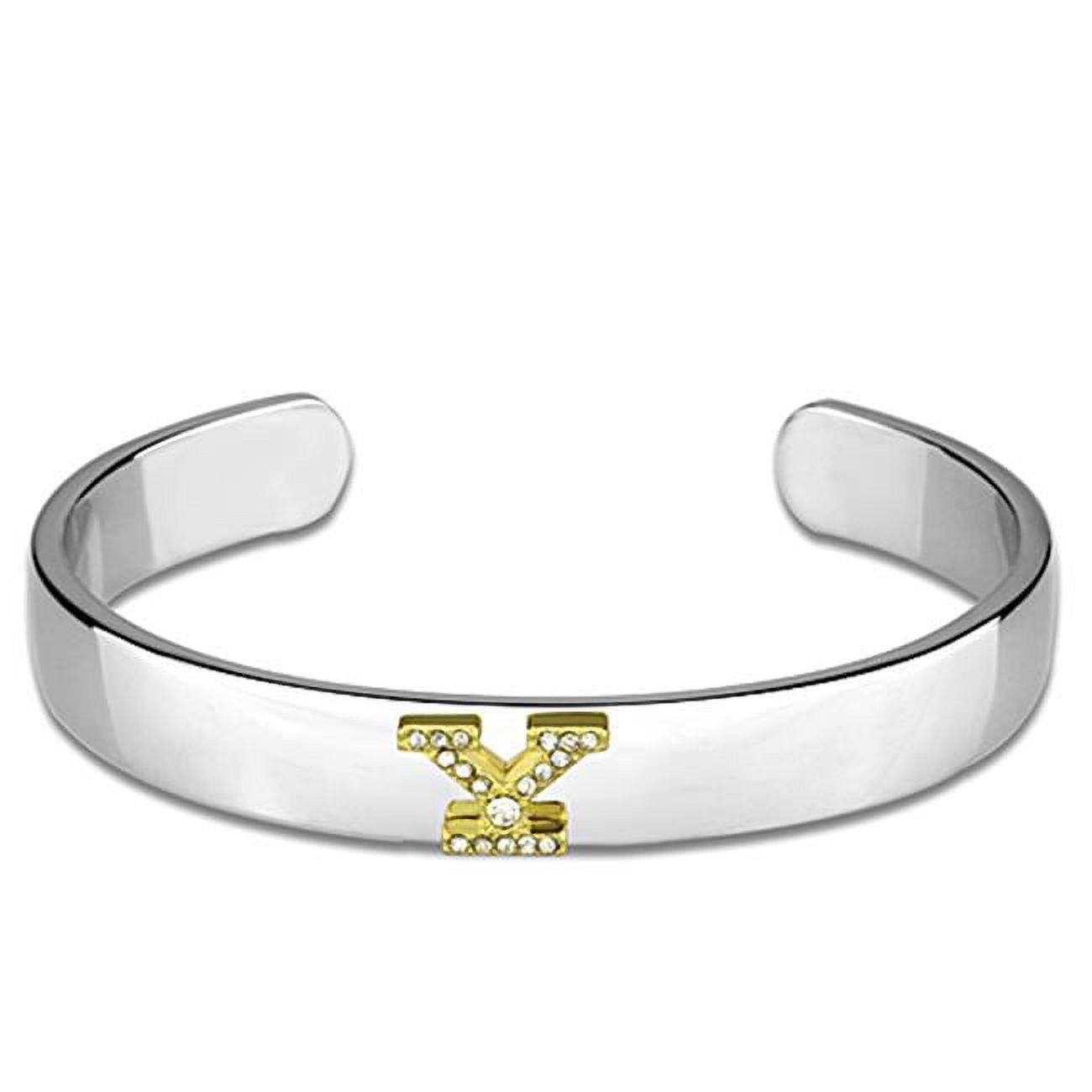 Women Reverse Two-Tone White Metal Bangle with Top Grade Crystal in Clear - 6.75 in.