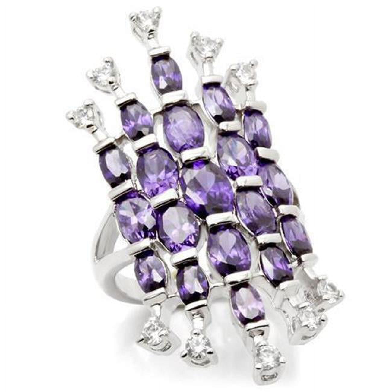 Women Rhodium Brass Ring with AAA Grade CZ in Amethyst - Size 5
