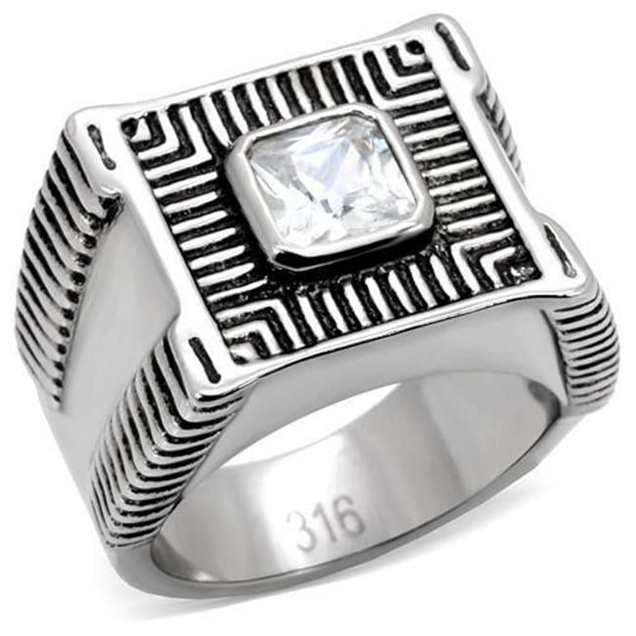 Men High Polished Stainless Steel Ring with AAA Grade CZ in Clear - Size 8