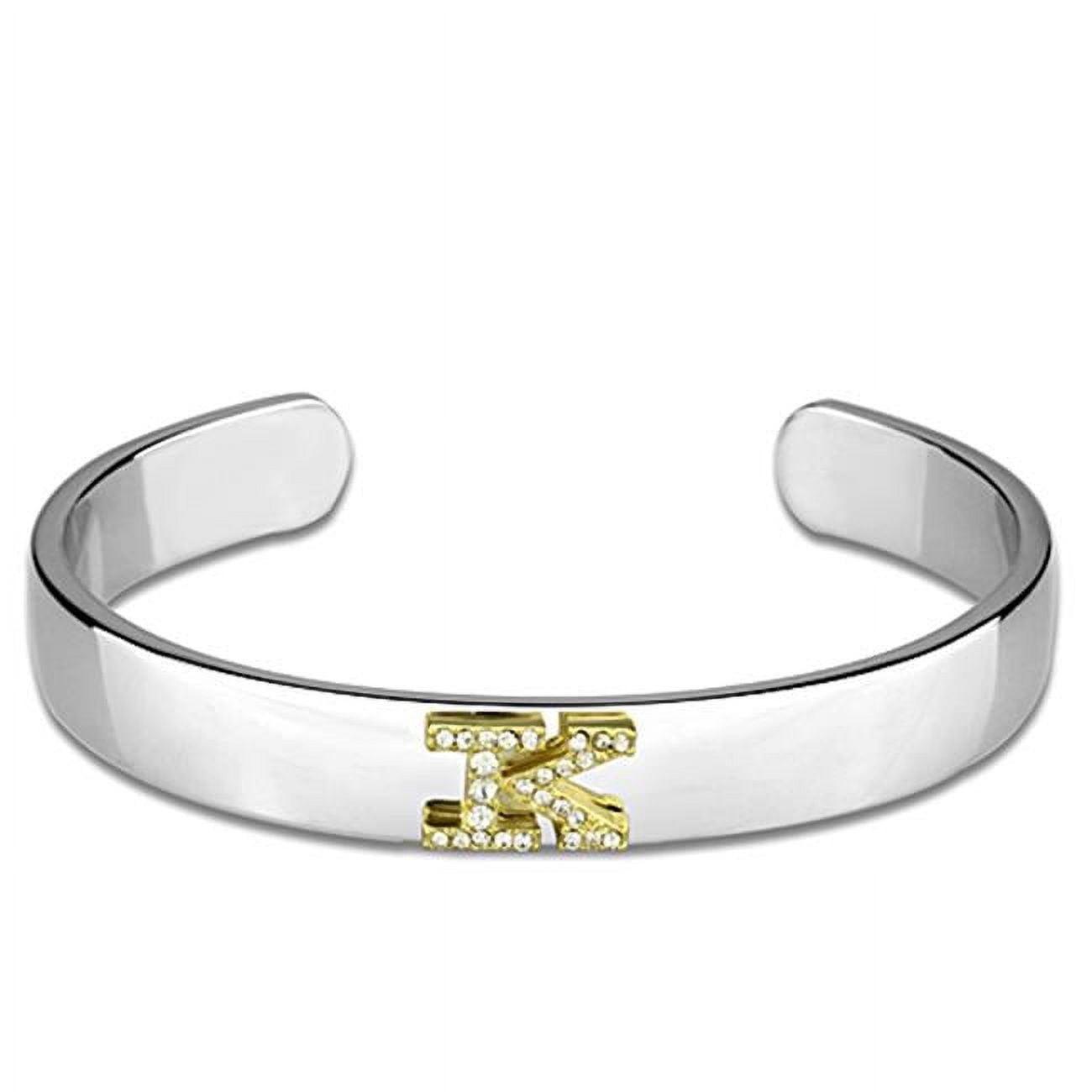 Women Reverse Two-Tone White Metal Bangle with Top Grade Crystal in Clear - 6.75 in.