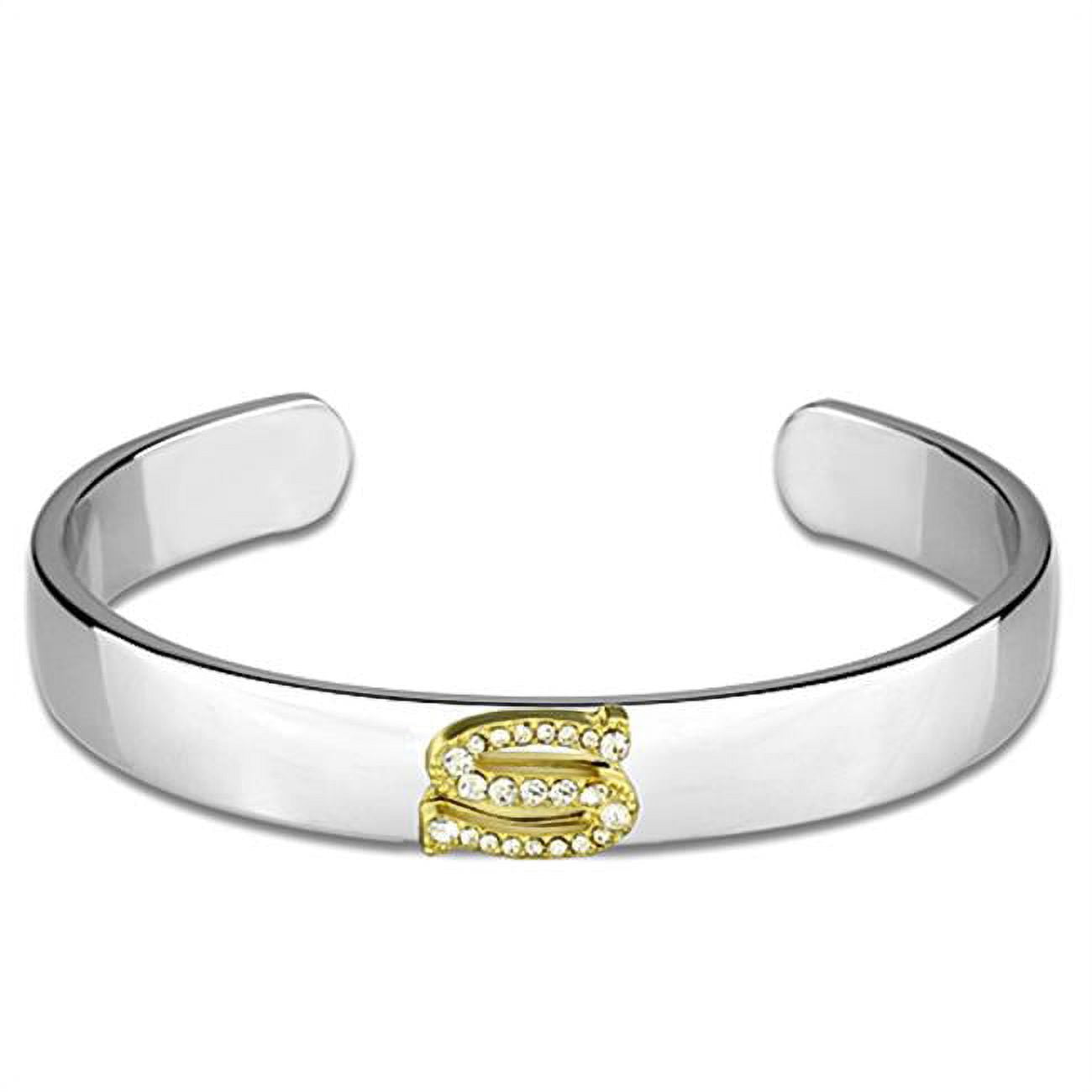 Women Reverse Two-Tone White Metal Bangle with Top Grade Crystal in Clear - 6.75 in.