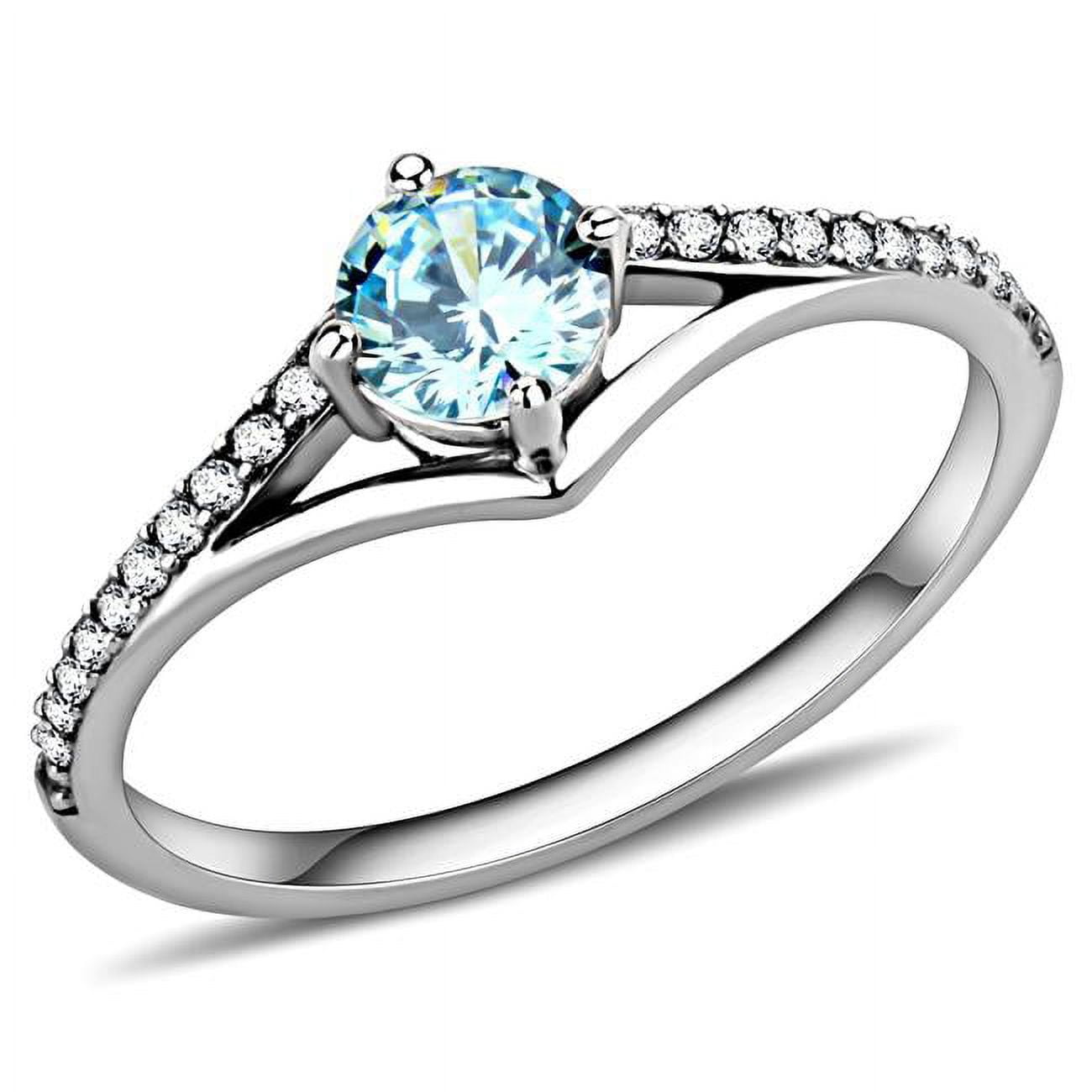 Women High Polished Stainless Steel Ring with AAA Grade CZ in Sea Blue - Size 8
