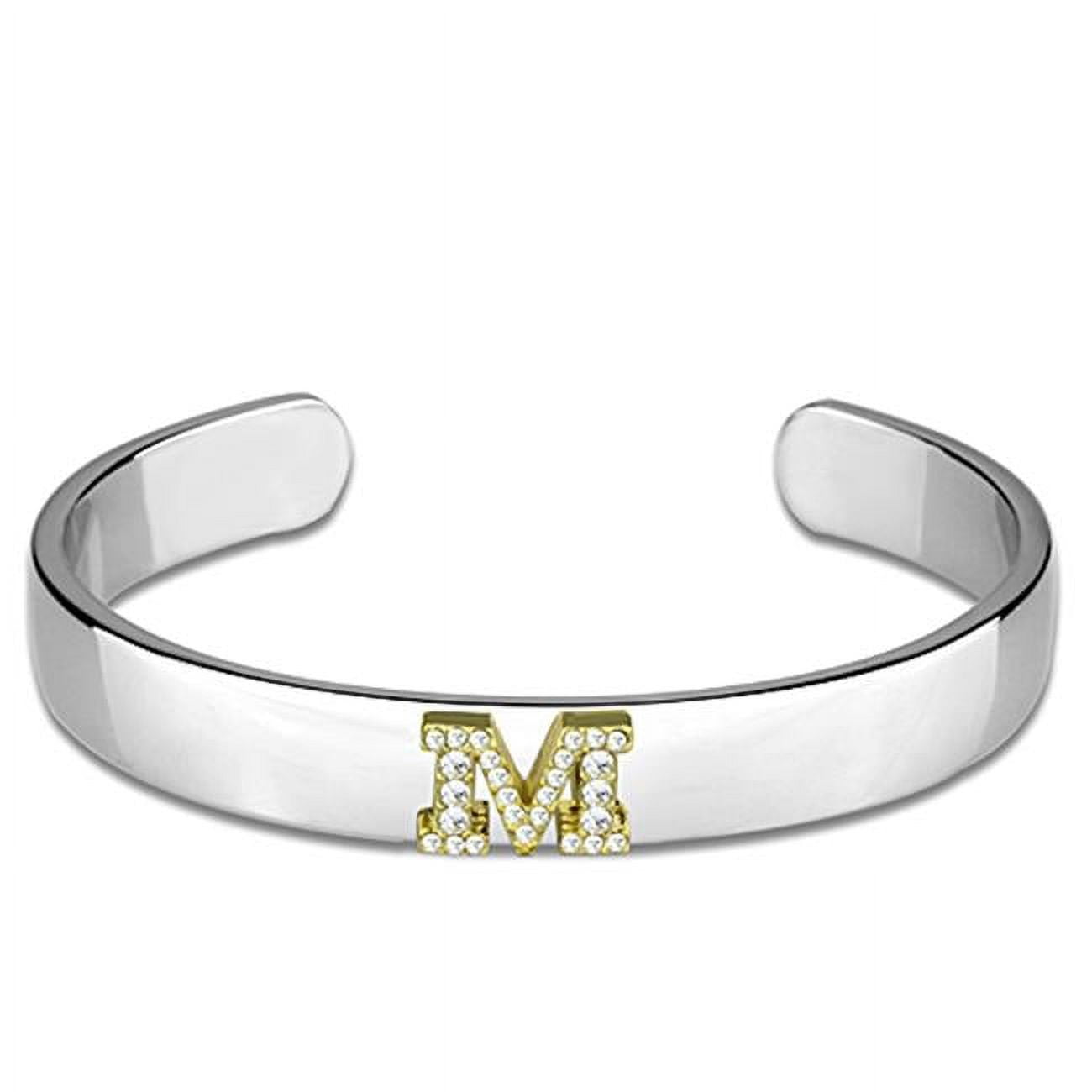 Women Reverse Two-Tone White Metal Bangle with Top Grade Crystal in Clear - 6.75 in.
