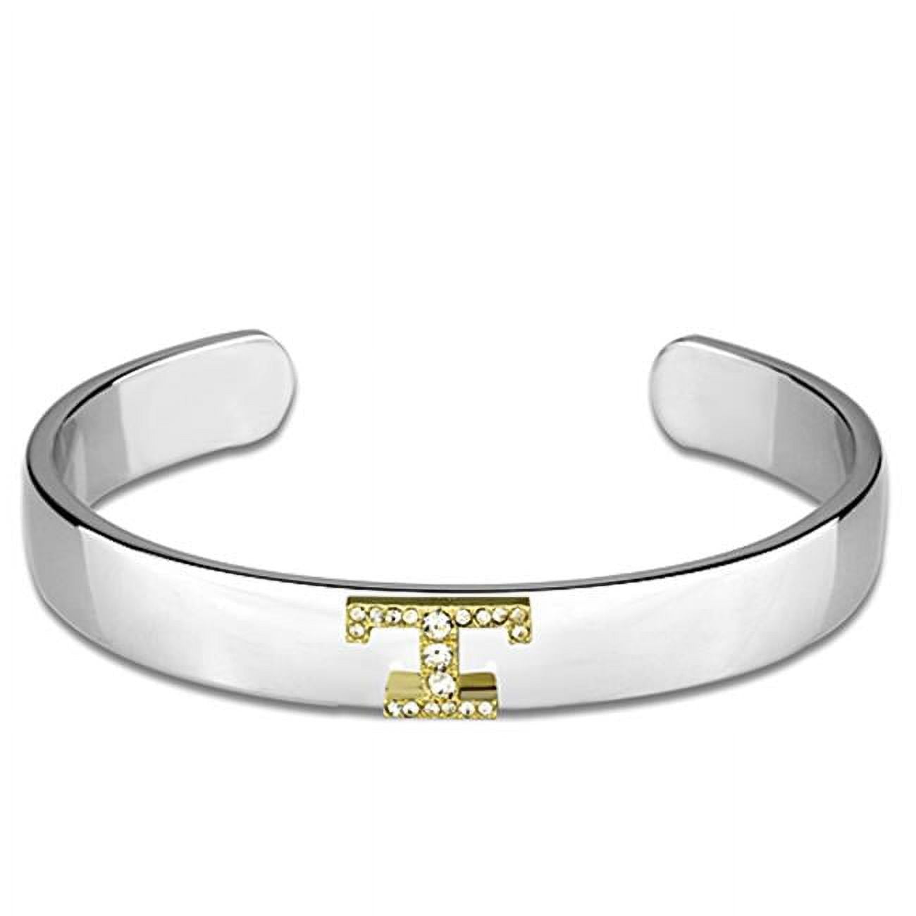 Women Reverse Two-Tone White Metal Bangle with Top Grade Crystal in Clear - 6.75 in.