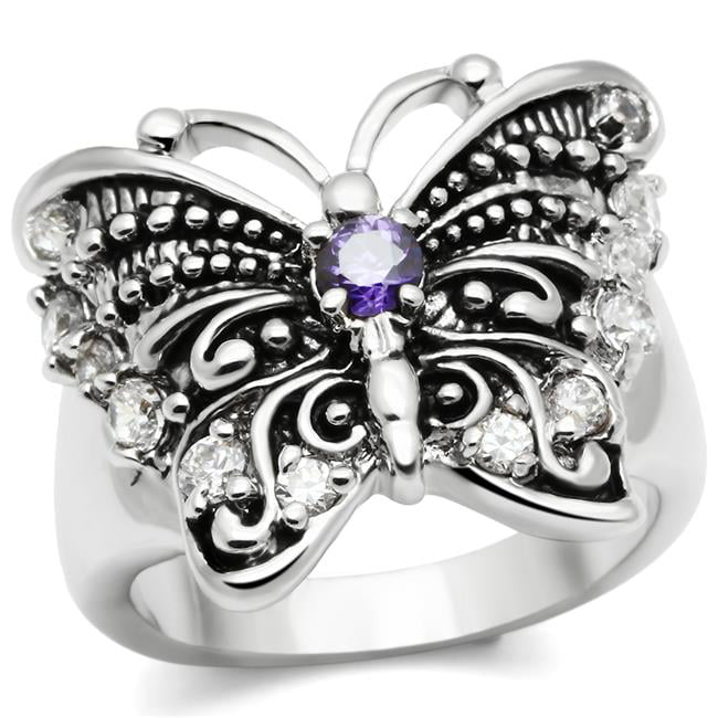 Women Rhodium Brass Ring with AAA Grade CZ in Amethyst - Size 5